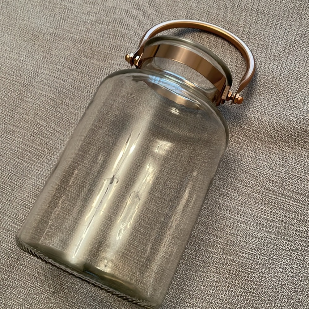 Large Unique Clear Glass Vase or Lantern with Rose Gold Copper Like Handle - Picture 6 of 12